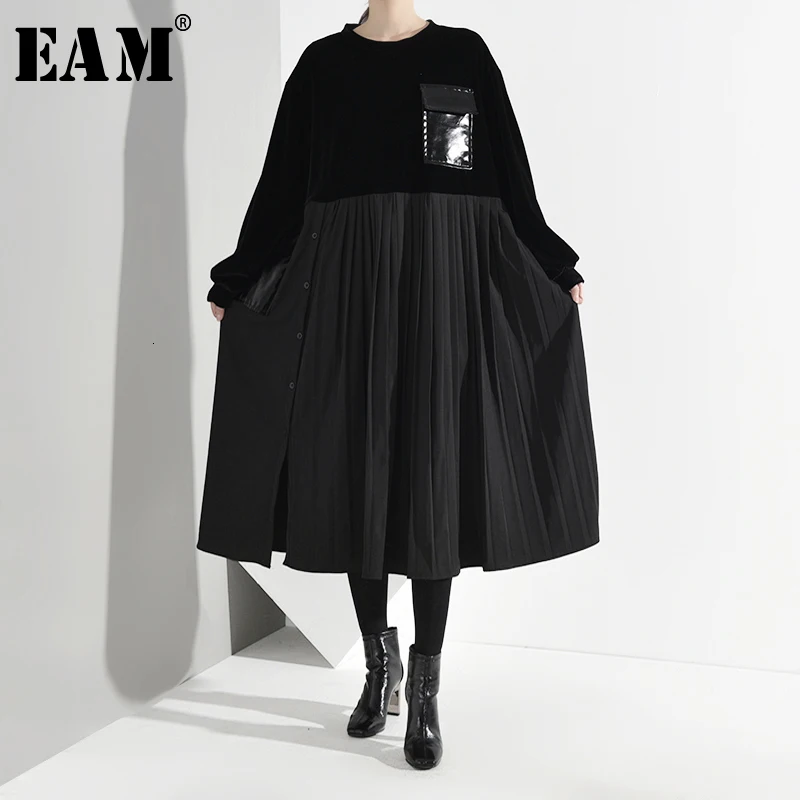 [EAM] женское черное плиссированное платье большого размера с карманами, новинка, круглый вырез, длинный рукав, свободный крой, Мода весна-осень A401-01