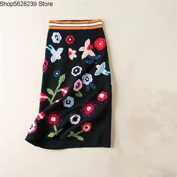 

18 Women's Wear Knitting Half Body Skirt Heavy Industry Hand Hook Bird Flowers Thick Wool A Word Skirt