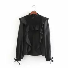 Новинка, женская модная однотонная блузка с оборками, черная блуза, рубашки, Женская эластичная блузка с бантом и завязками на рукавах, шикарные блузы, топы LS6070