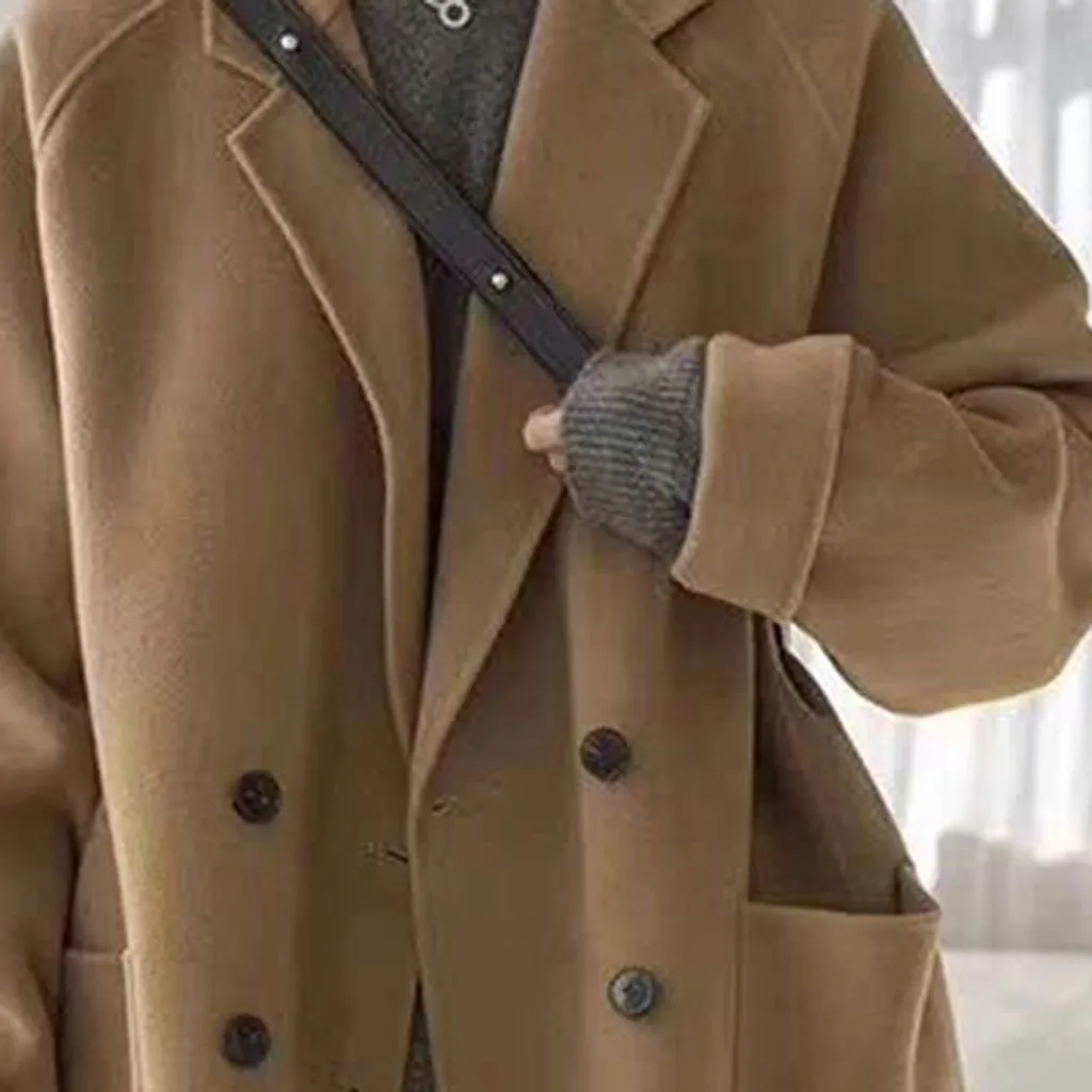 Женское шерстяное пальто размера плюс, зимнее повседневное одноцветное пальто с отворотом и длинным рукавом, Кашемировое шерстяное пальто, зимнее пальто Abrigos Mujer Invierno