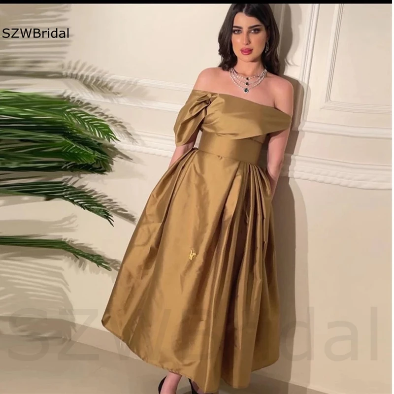 

New Arrival Taffeta A Line Prom Dresses Off the Shoulder Pleats Simple Evening Gowns Robes de cocktail Dubai Women Party Dress