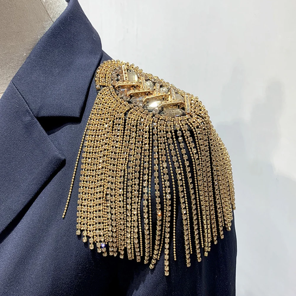Shoulder Jewelry Tassel Rhinestones Epaulettes DIY T Shirt Clothing Accessories Gold Silver Brooch Epaulet Shoulder Brooches 1PC shoulder jewelry