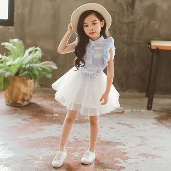 

2019 Girl Fashion Stripe Shirt And Gauze Half-body Skirt Twinset Children Garment Summer New
