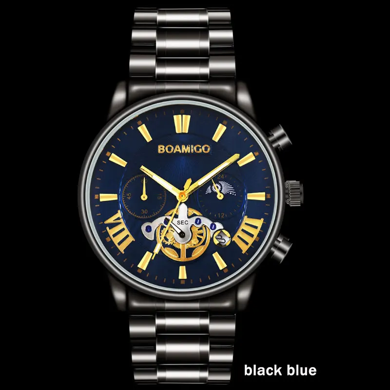 F933A black blue BOAMIGO, мужские часы, Лидирующий бренд, Роскошные, водонепроницаемые, под платье, кварцевые, деловые, мужские часы, часы, повседневные, механические, турбийон, спортивные часы - Цвет: F933A black blue