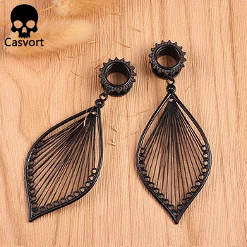 

Casvort 10PCS/Lot piercing stainless steel black leaves dangle ear plugs and tunnels body jewelry screw ear gauges expander