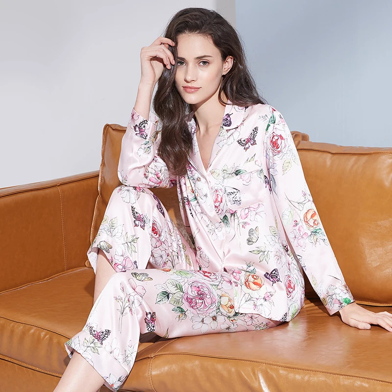 

100% Real Silk Pajamas for Women Pink Print Sleepwear Ladies Flower Full-Sleeves Pijamas Nightwear Satin Silk Pyjama Nighties
