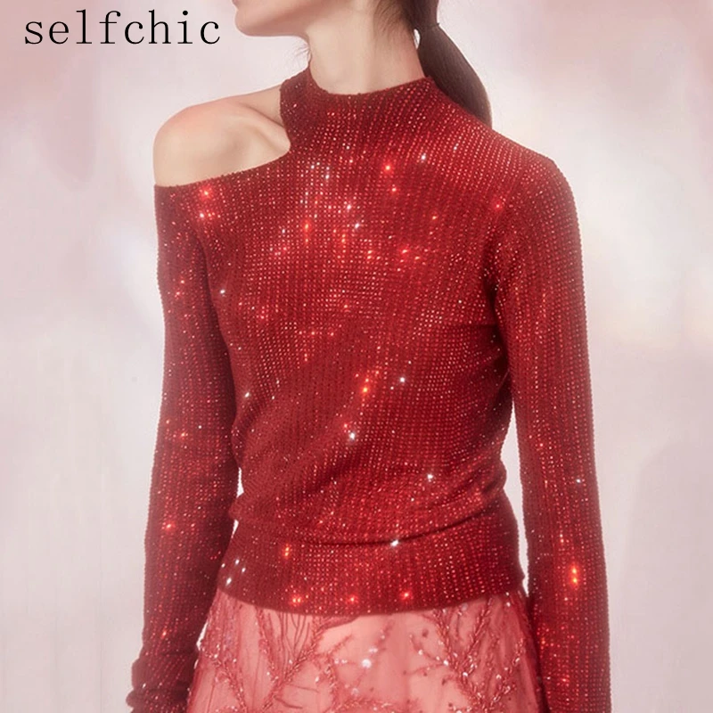 

Woman Red Sweaters Runway Shinning Cold Shoulder Pull