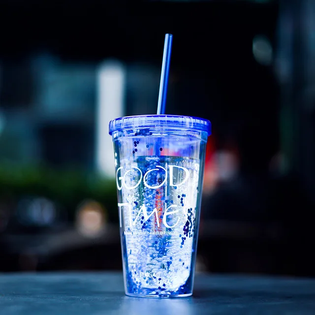 Двойной настенный пластиковый стакан бутылка с соломинкой и крышкой 450 мл летняя бутылка для напитков - Цвет: Blue