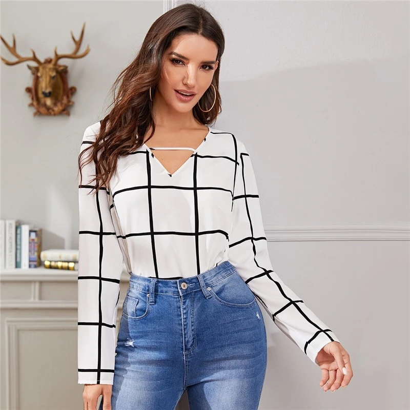 SHEIN белая клетчатая Весенняя Повседневная блуза с v-образным вырезом, женские топы, осенние корейские офисные блузки и топы с длинным рукавом