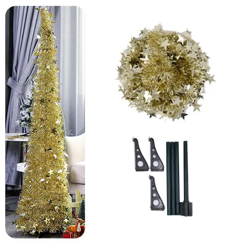 gold Green Pop Up Christmas Tinsel Tree With Stand Gorgeous Collapsible Artificial Christmas Tree For Christmas Decorations 1.2M 1.5M - Цвет: gold