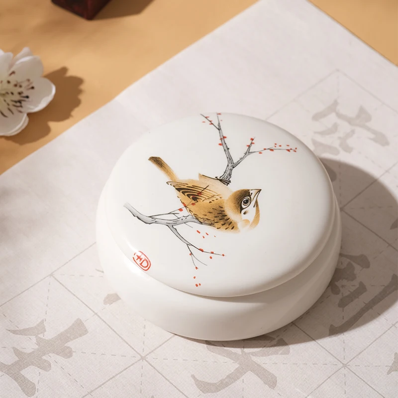 Red Seal Paste In White Round Ceramic Container Chinese Retro Seals Carving Inkpad For Calligraphy Painting Competition Usage