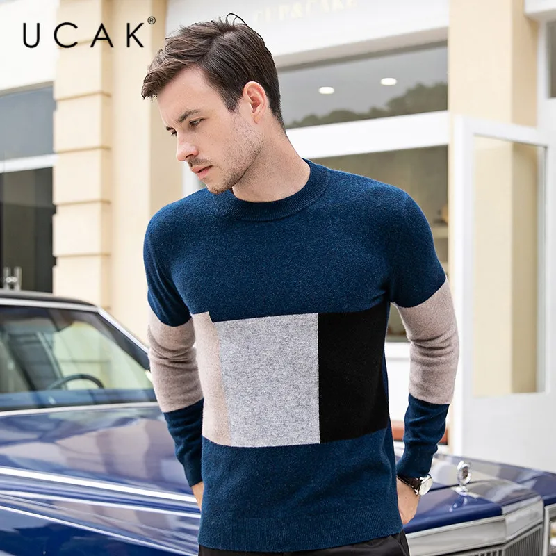Popular UCAK Brand Sweaters Men 2019 Autumn Winter Thick Warm Pull Homme Pure Merino Wool Cashmere Contrast Color Pullover Male U3092