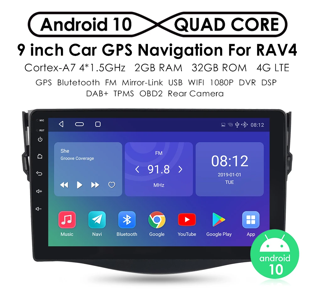 Android 10 2 din 9'' Quad Core HD car dvd player for Toyota RAV4 Rav 4 2007 2008 2009 2010 2011 support TPMS Mirror link SWC BT |