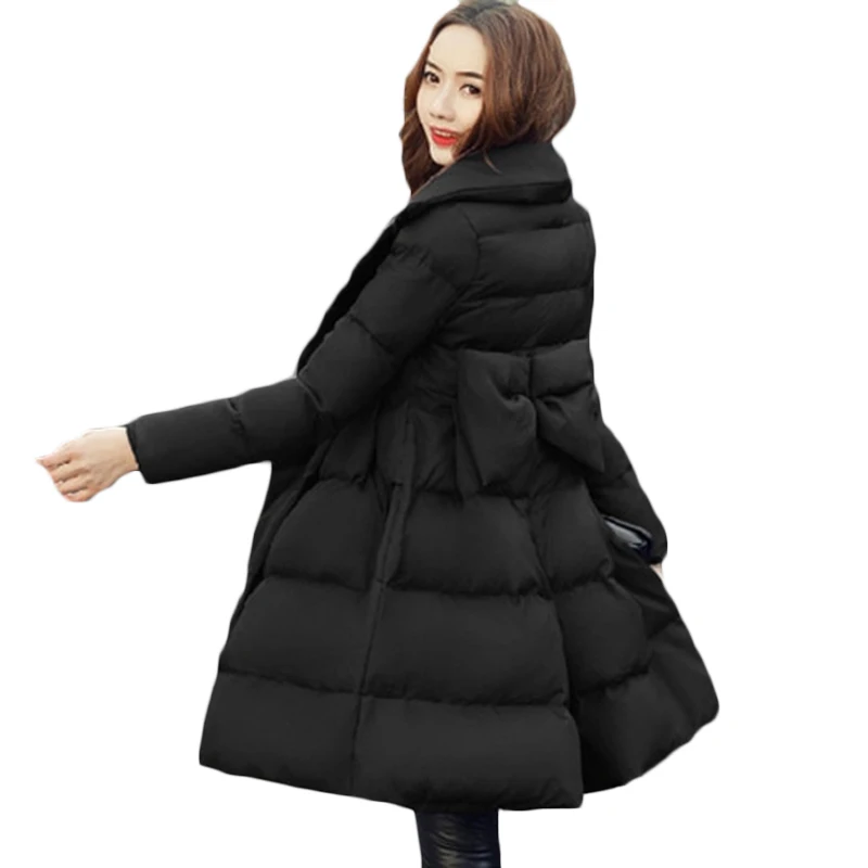 Зимняя Новая корейская модная длинная пуховая хлопковая куртка женские толстые теплые хлопковые куртки Фиолетовые женские повседневные парки с бантом пальто F936 - Цвет: Black