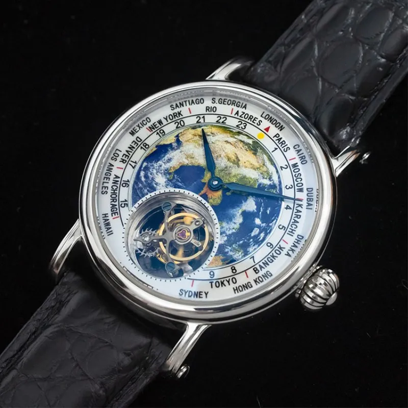 Top Brand Luxury Men Tourbillon Watches Male Sapphire Clock 3D Earth Enamel Dial ST8000 Mens Mechanical Watch Crocodile Leather