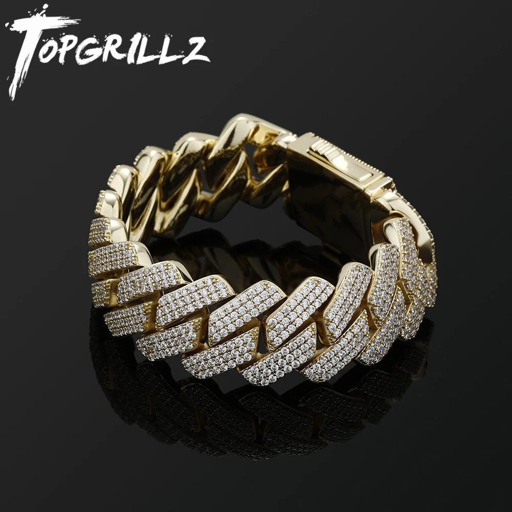 

TOPGRILLZ Mens Bracelet 20MM 3 Row Zirconia Prong Link Chain Iced Out Micro Pave CZ Cuban Chain Hip Hop Fashion Jewelry For Gift