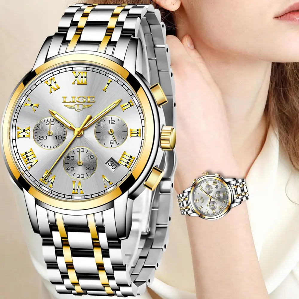 2023 LIGE Fashion Women Watches Ladies Top Brand luxury Waterproof Gold Quartz Watch Women Stainless Steel Date Wear Gift Clock