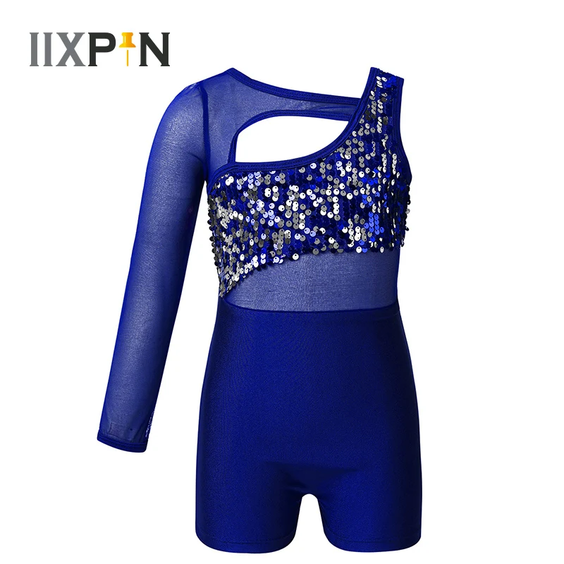 

Kids Dancewear Ballet Leotards Girls Mesh Sleeved Shiny Sequin Dance Unitards Cutout Ballet Dance Gymnastics Leotard Jumpsuit