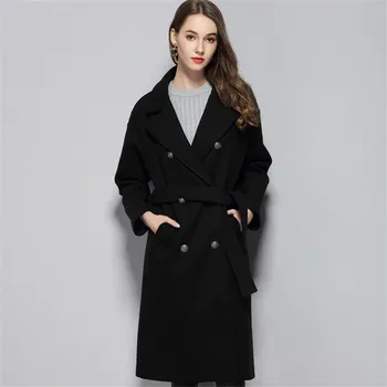 

Women Wool Coat Winter New Casual Korean Version Slim Long Coat Thicken Full Sleeve Black Lapel Female Fashions Coats With Belt