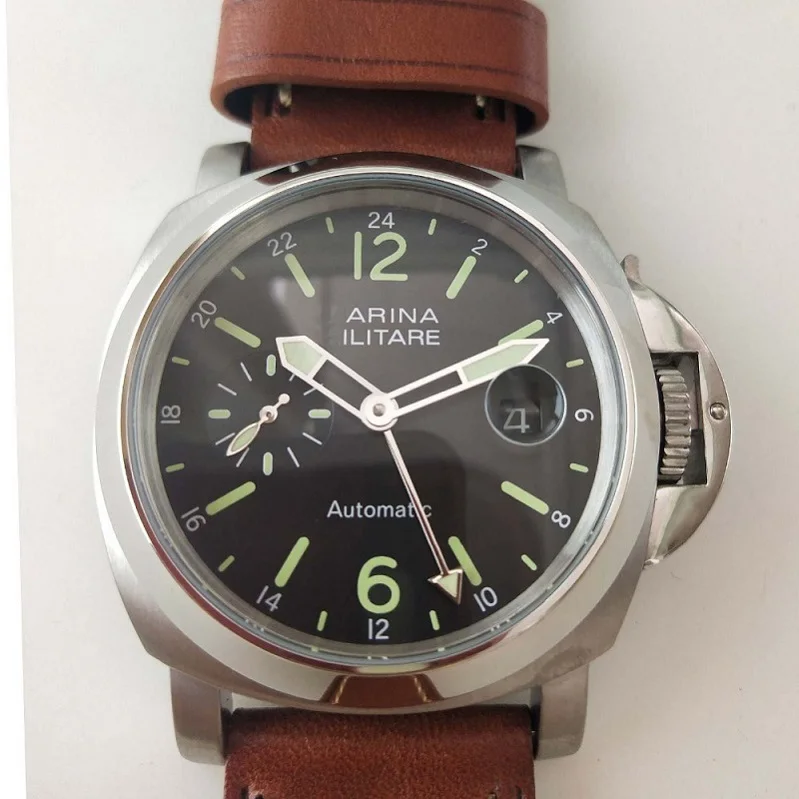 

44 mm GMT automatic mens mechanical watch 316L stainless steel case leather strap polishing bezel black dial watches men clock