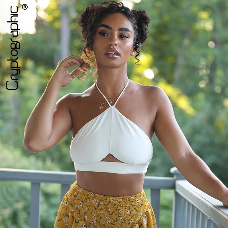 

Cryptographic Halter Sexy Backless Cut-Out Crop Tops Women Solid Sleeveless Vest Top Cropped Feminino Triangle Top Lacing Cute