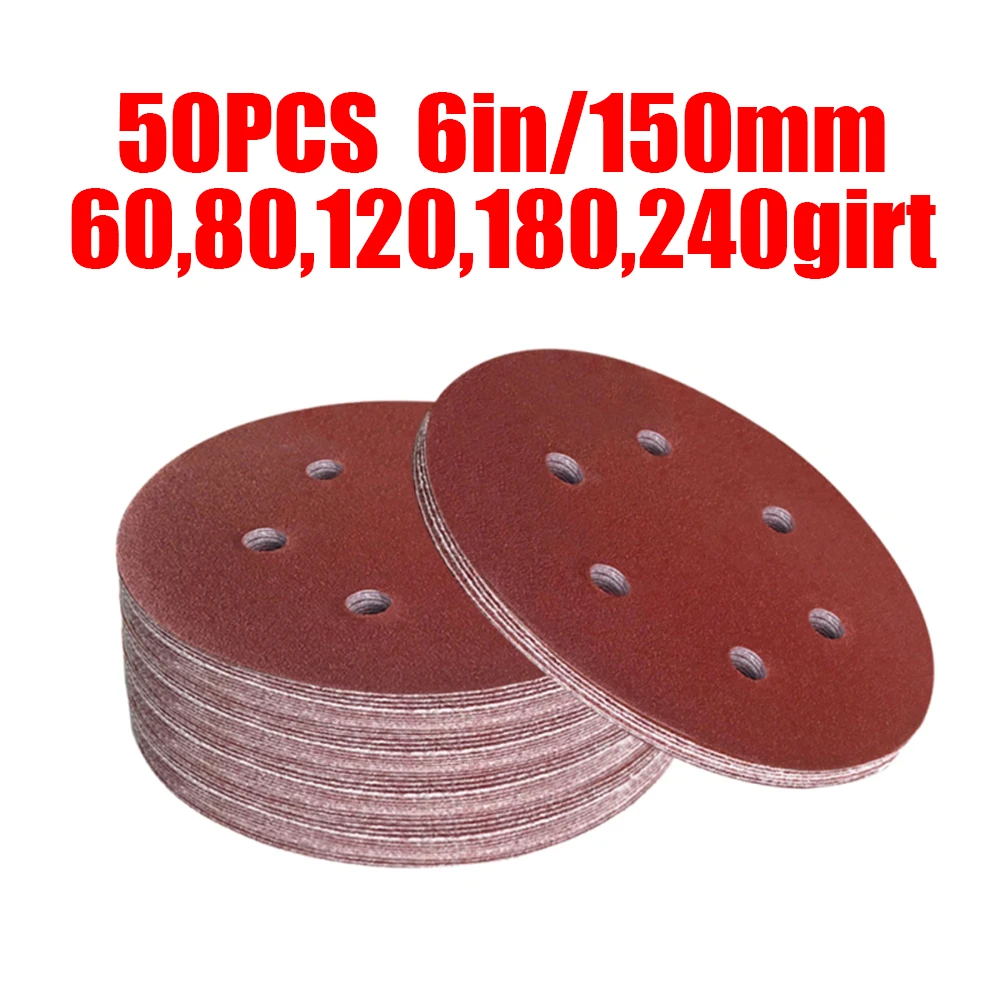 50pcs 6 pouces 150mm papier de verre rond 6 trous disque sable feuilles 60/80/120/180/240 grain crochet et boucle abrasif disque abrasif pour le vernis ► Photo 3/6