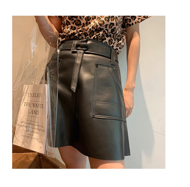 Black Coffee Real Sheep Skin Genuine Leather Skirt High Waisted Skirts Women Belt Casual England Party Ladies Aline Mini Clothes