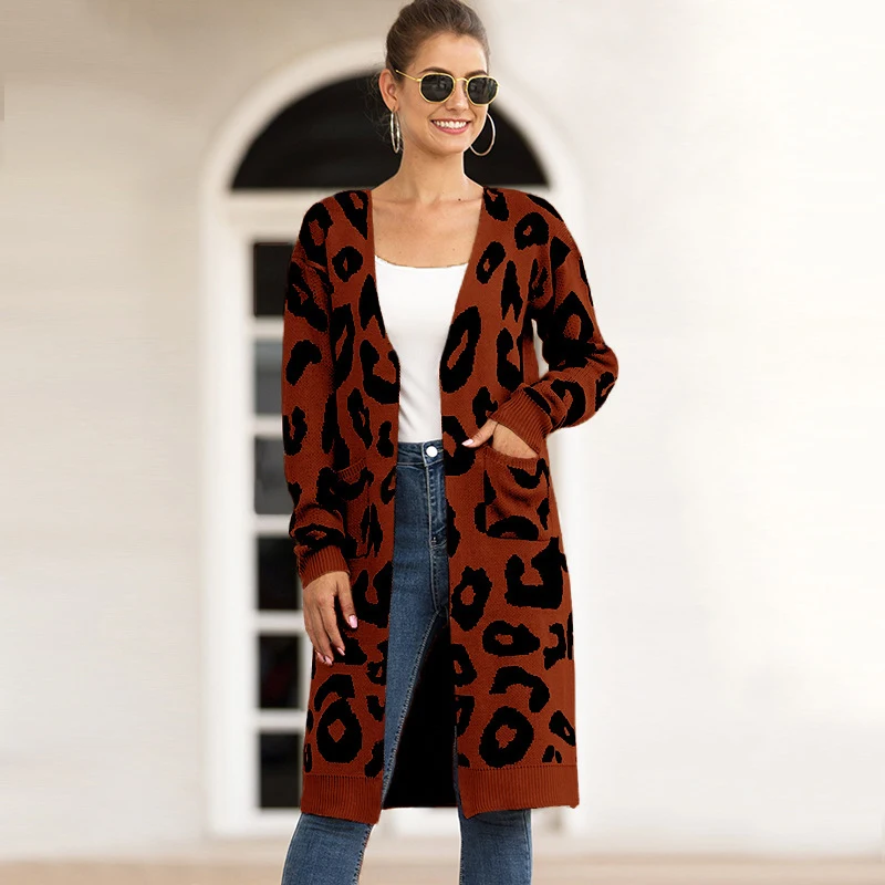 Новинка, зимний женский модный кардиган с леопардовым принтом, с открытым стежком и карманами, Тонкий Повседневный длинный вязаный свитер C99901K - Цвет: Coffee