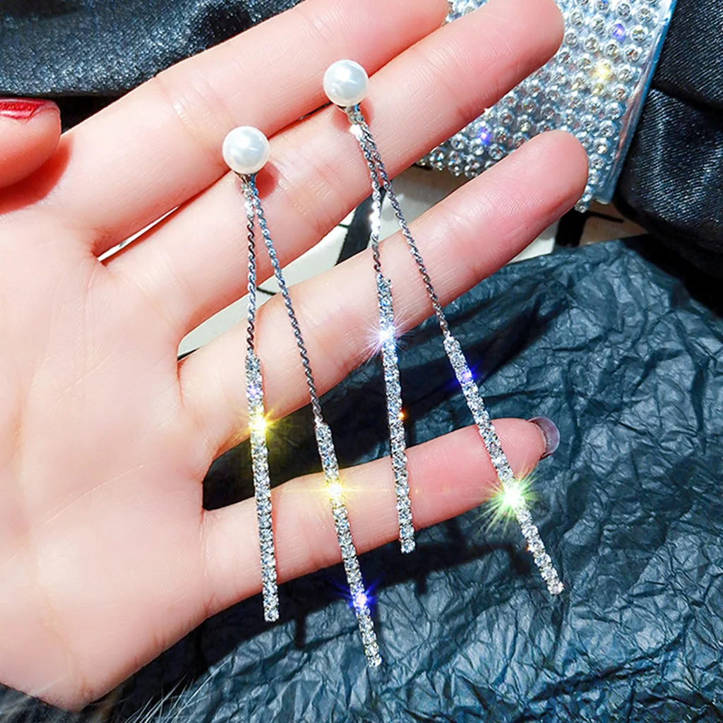 

Women Earrings Long Fringed Double-sided Artificial Pearl Earring Charm Lady Temperament Wild Simple Rhinestone Ear Jewelry