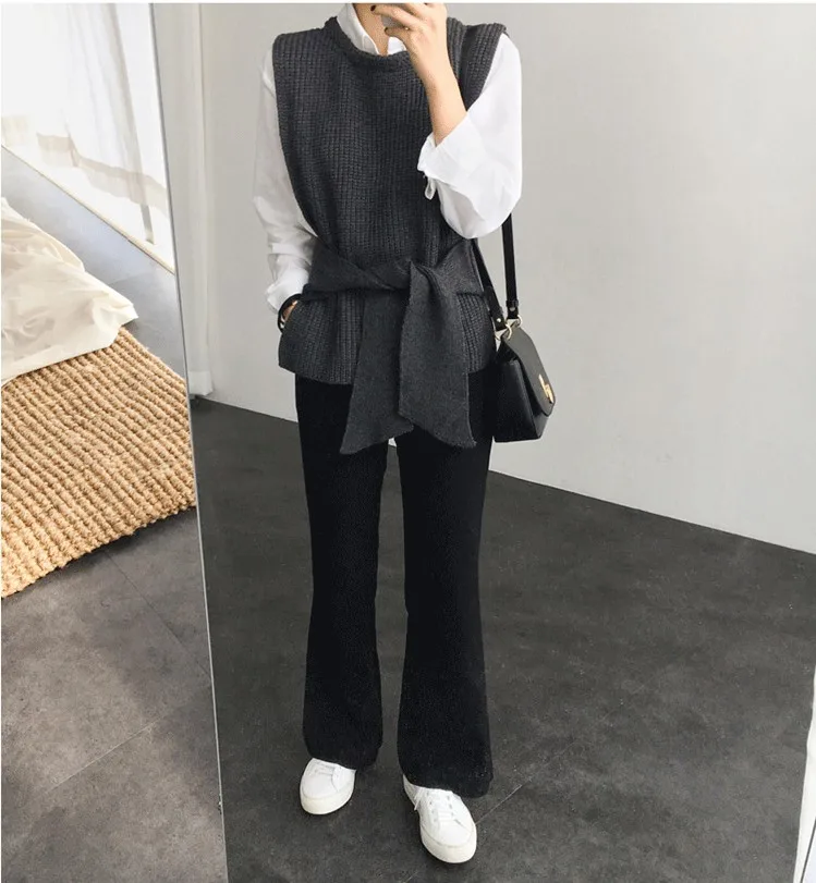 New Arrival Lace Up Sleeveless Pullover Women Knitted Sweater Solid Office Lady Vest Fashion Casual Female Sweaters Vest DS50856