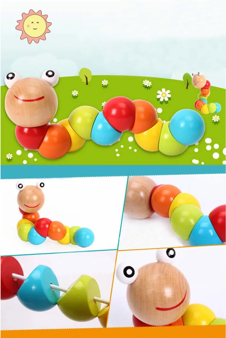 Jouet en bois coloré et lisse pour bébé, jouet en forme de chenille  d'insecte torsadé, Gadget d'exercice des doigts