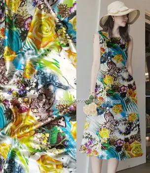 

Bazin riche getzner 95% Silk fabric tissu doux flowers printed material cloth silk dress textile 5% elastic satin fabric luxury