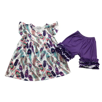 

Fancy feather suit Fashion Design Hot Sale Sweet Girls Summer Girls Clothes Boutique Outfit Lovely Girl Clothes Ruffle pants