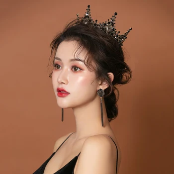 

Women Baroque Rhinestones Black Bride Wedding Crowns Bridal Hair Accessories Shining Charm Prom Queen Crowns d88