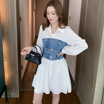 

Hong Kong flavor retro denim stitching fake two-piece shirt female 2020 new waist small fragrant dress