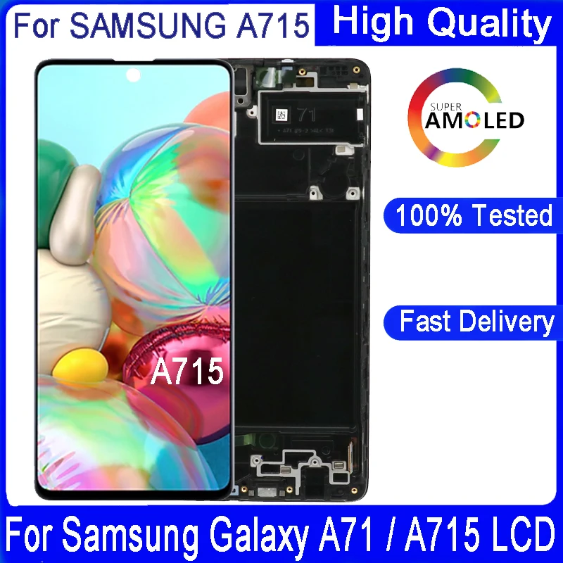 100%Original Super AMOMLED LCD For Samsung A71 2020 A715 A715F A715FD Display Screen Touch Digitizer Assembly With Frame | Мобильные
