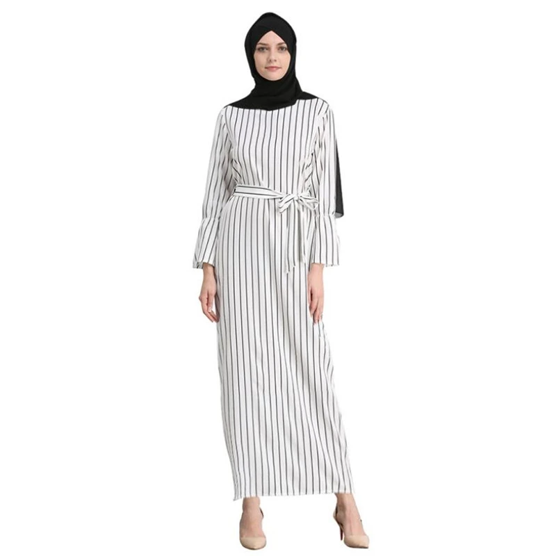 Модное Элегантное мусульманское платье в полоску abaya arab turkey Дубай Кафтан скромное платье макси с длинным рукавом в мусульманской одежде