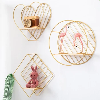 

Nordic Style Iron rhombic round heart shaped Grid Wall Shelf Hanging decorative rack storage holder Figure Living Room decor 1PC