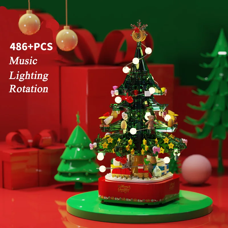 

New Christmas Tree Model Building Blocks Rotatable Music Box Bricks With Lighting Moudle Idear Creator Toys For Children Gifts