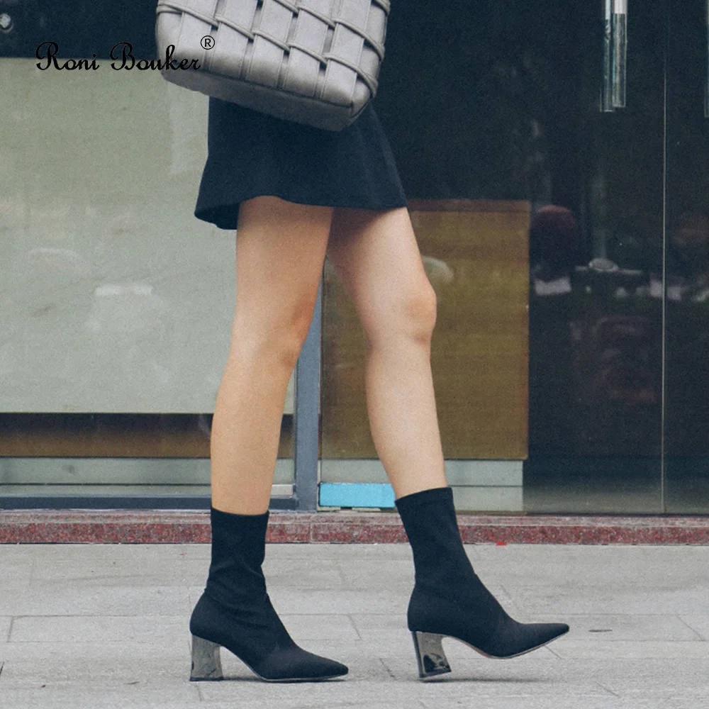 

Roni Bouker Women's Fashion Slim Ankle Boots Women Satin Middle Heel Boot Woman Black Brown Shoes Dropshipping