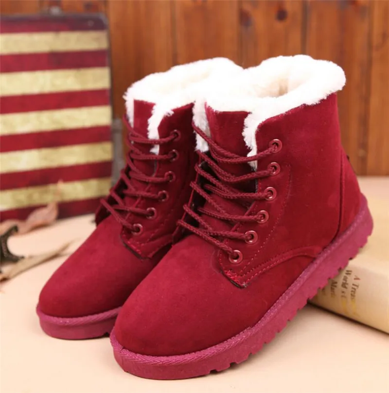 

Flat Lace Up Snow Boots Women Winter Warm Fur Plush Insole Bootee Woman Flock Ankle Boots 2019 Lady Femme Flat Shoes