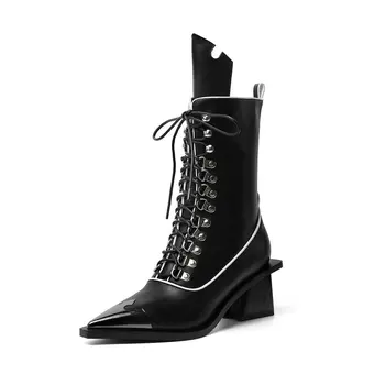 

2020 Women Brand Midcalf Boots Sexy Pointed Toe Autumn Winter Metal Toe Party Dancing Shoes Woman High Genuine Leather Boots