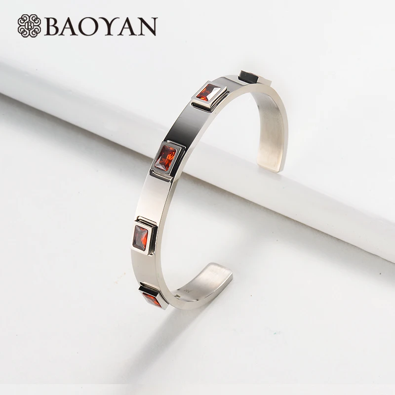 Baoyan, золотые/серебряные браслеты из нержавеющей стали, модный зеленый, красный, белый Кристальный браслет, роскошные золотые браслеты-манжеты, браслеты для женщин - Окраска металла: SSBTG143-18253-S