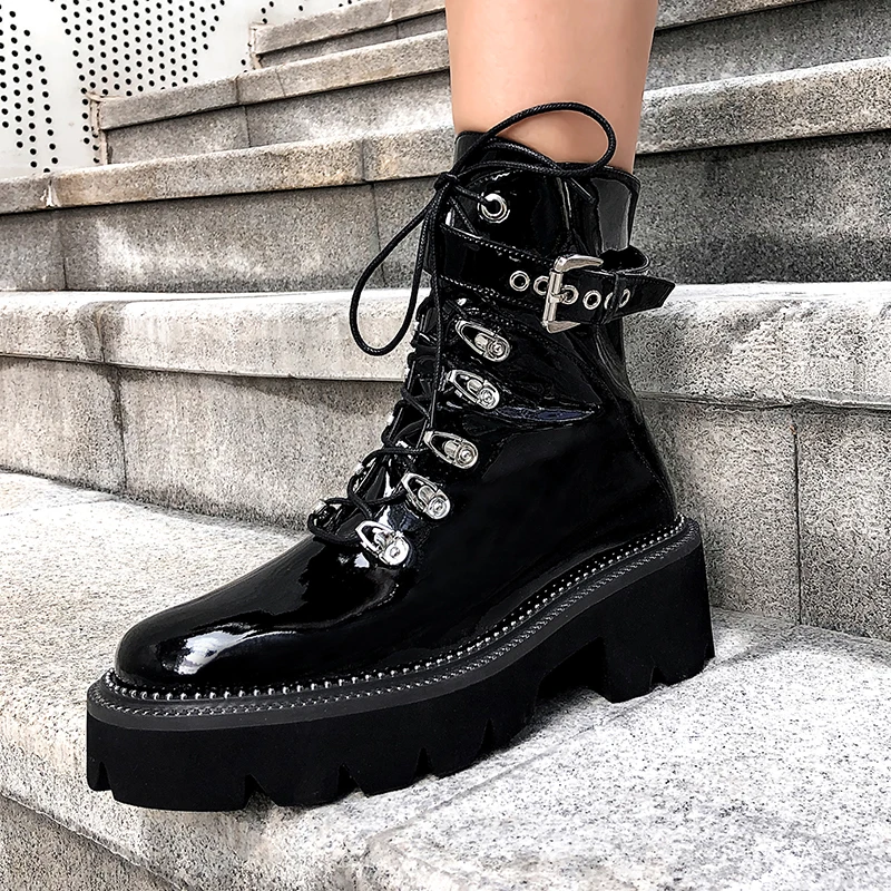 

Genuine Leather Fashion Ankle Boots Women Thick High Heels Platform Boots Autumn Winter Zipper Motorcycle Boots Ladies Shoes