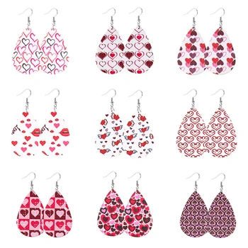 

New Cute Heart Print PU Leather Drop Earrings Dangle Drop Earrings Valentine's Day Gift Love Fashion Jewelry Wholesale Party