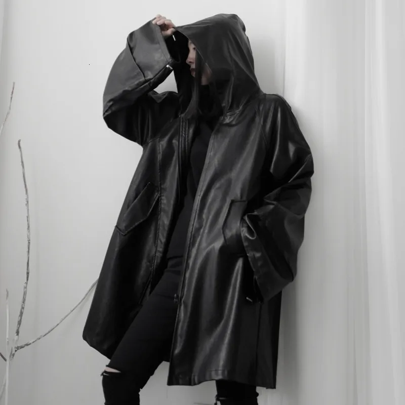 

LANMREM 2020 Spring Women's New Solid Color Silhouette Loose Zip Hooded Pu Leather Windbreaker Jacket PC268