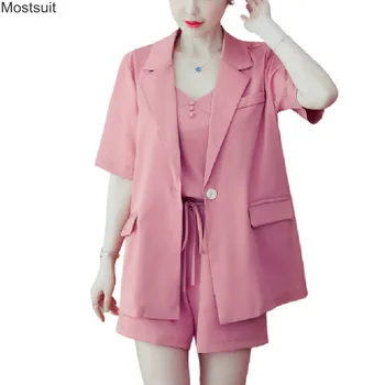 

Summer Vintage 3 Piece Set For Women Short Sleeve Blazer With Pockers And Vest And Shorts Suit Plus Size Korean Female Outfits