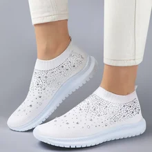 

Vulcanized Shoes Sneakers Women Trainers Knitted Sneakers Ladies Slip-on Sock Shoes Sparkly Crystal Zapatillas Mujer Casual Plus