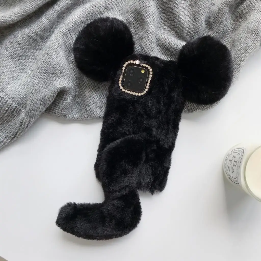 Милый пушистый меховой чехол для iPhone 11 11 Pro Max 3D мышь алмазный Пушистый мягкий чехол для iPhone Xs Max XR X 8 7 6 Plus 5 5S 4 4s - Цвет: Black
