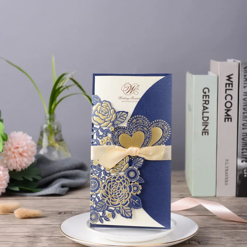 Navy Blue 100 шт./лот), свадебные пригласительные открытки с двойным сердцем, золото, красный, белый цвет, заказной принт, Свадебные вечерние приглашения CX075G - Цвет: Navy Blue